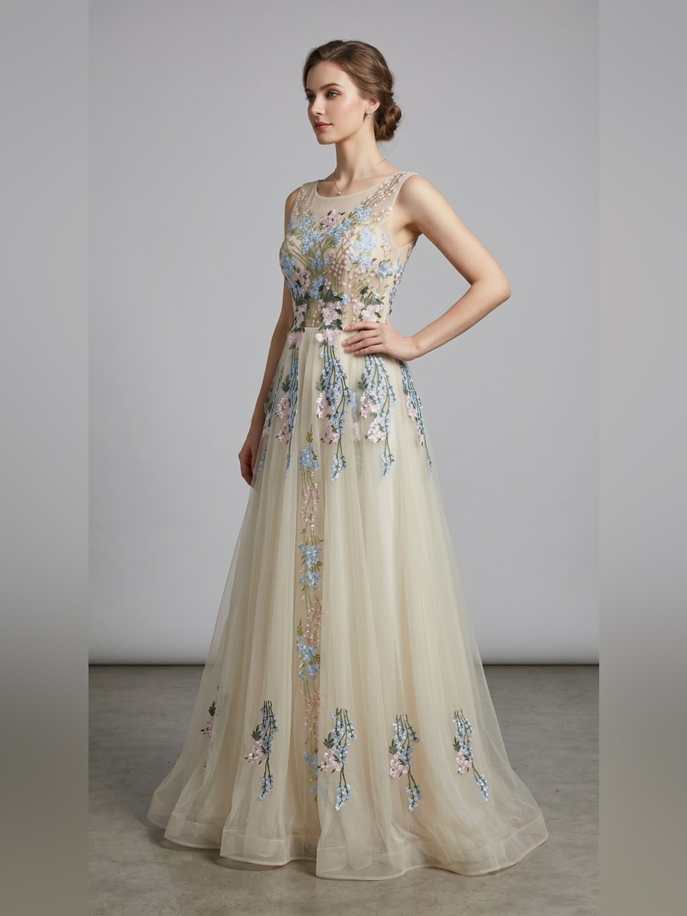 Ivory Tulle Floral Embroidered Evening Gown